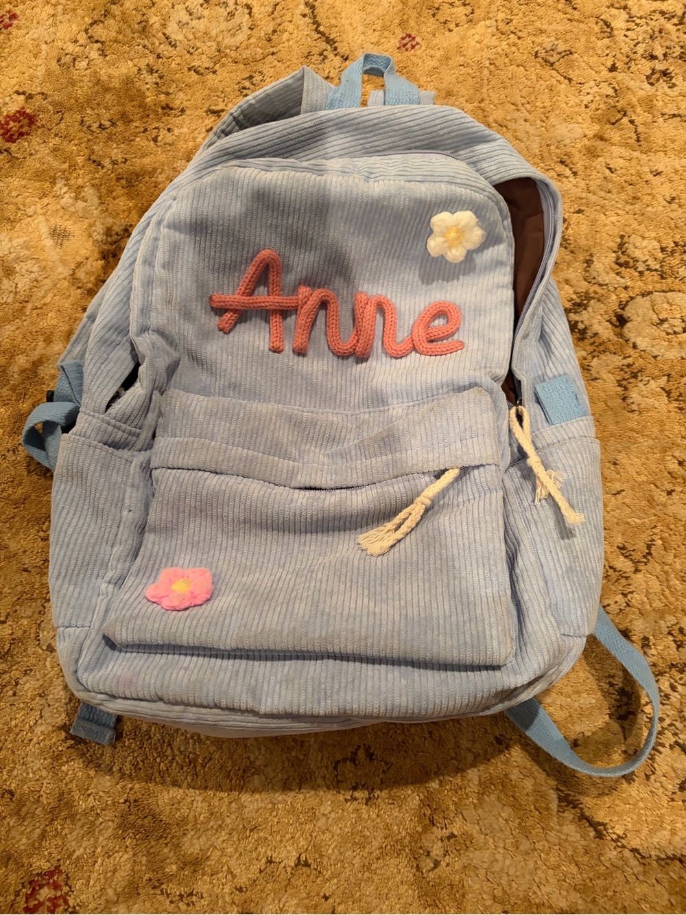 Personalized Light Blue Kids Backpack with Pink Anne handmade corduroy accent